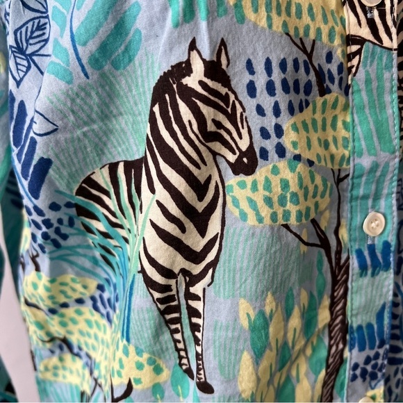 SOLD J MCLAUGHLIN LOIS SHIRT S BLUE GREEN GIRAFFE WHIMSY CASUAL COLORFUL STRETCH - Picture 6 of 12